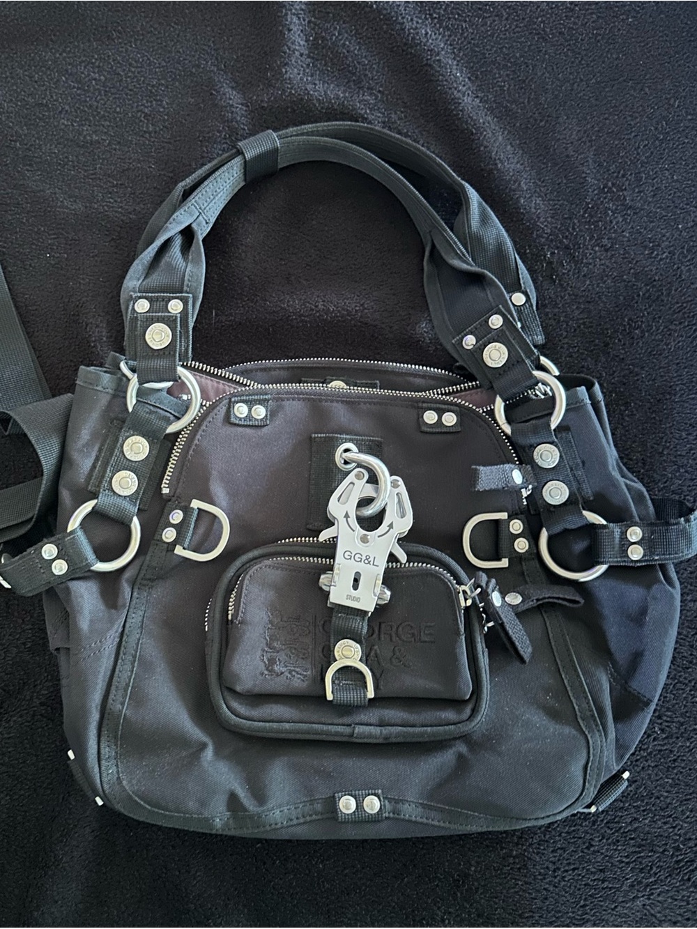 George Gina and Lucy Principessa Black Canvas Multi-Compartment Shoulder Bag